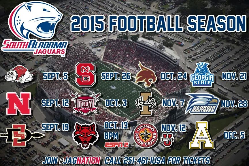 South Alabama 2015 Football schedule and Spring Game Dates Released